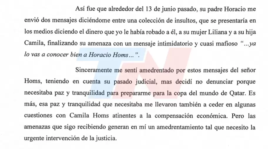 La denuncia que Rodrigo De Paul presentó contra Camila Homs (Foto: TN)