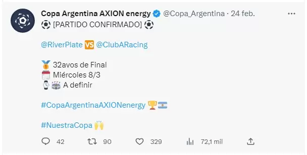 Tuit de la Copa Argentina sobre el partido entre River y Racing de Córdoba