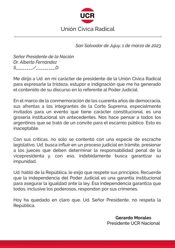 Carta de Gerardo Morales contra Alberto Fernández