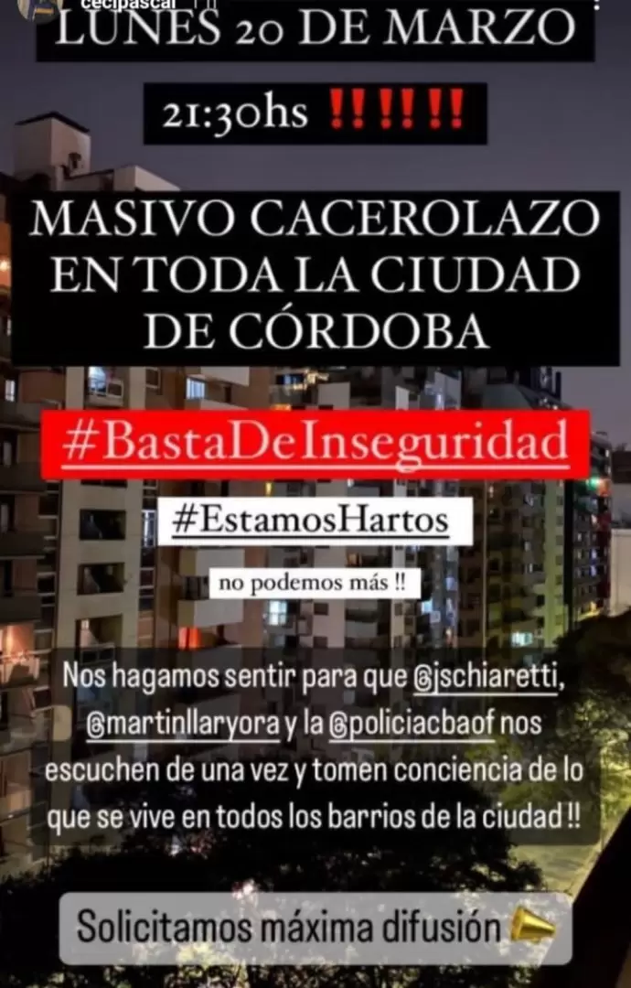 Convocatoria a un cacerolazo en Córdoba por la falta de seguridad