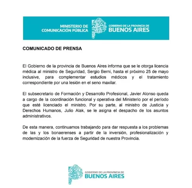 Comunicado oficial de la licencia médica de Sergio Berni