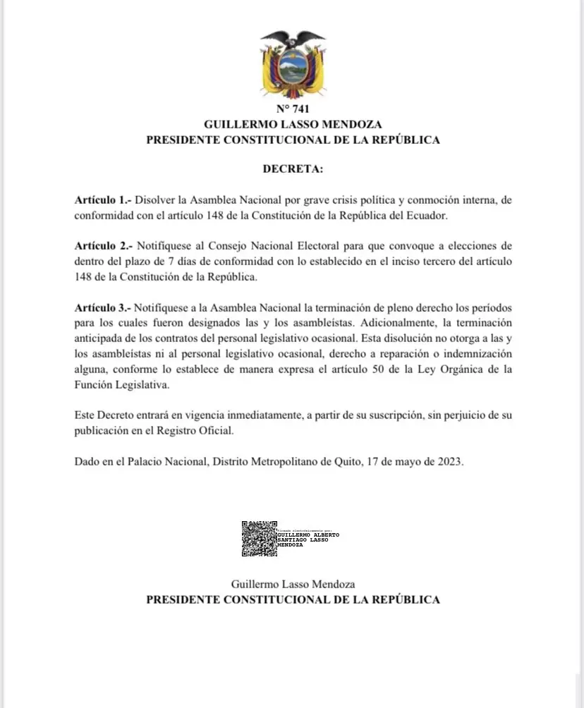 Decreto 741 firmado por Guillermo Lasso para disolver el congreso