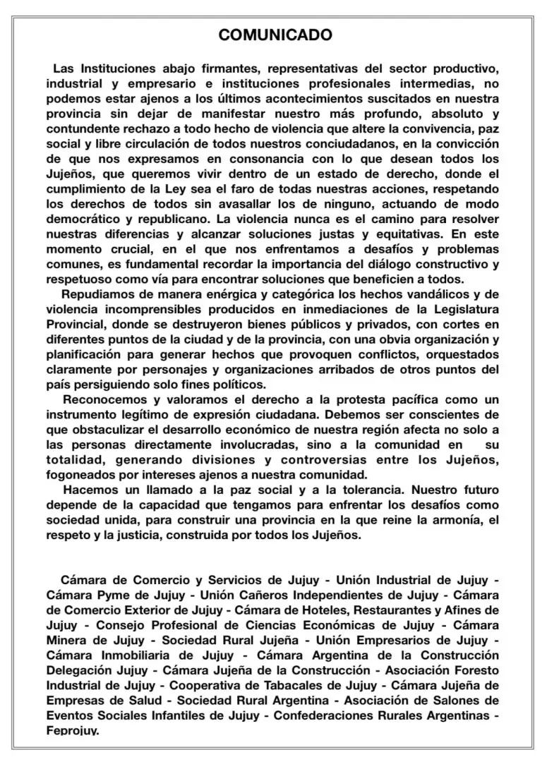 Comunicado de la C�mara de Comercio y Servicios de Jujuy