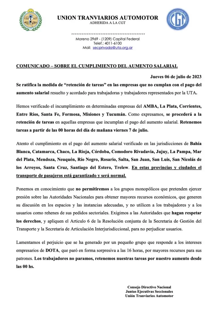 Comunicado de la UTA