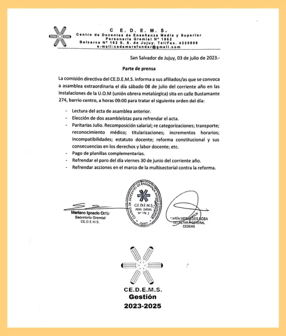 Parte de prensa, convocatoria a asamblea
