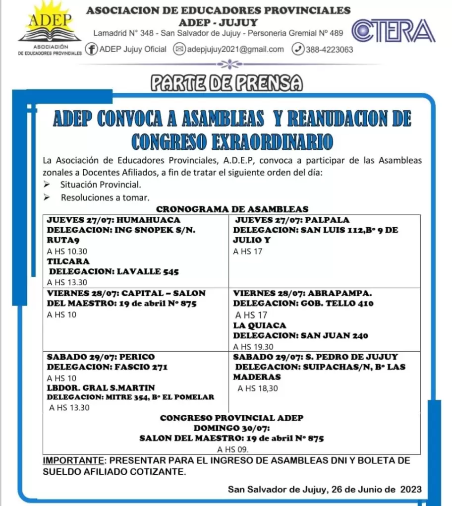 Cronograma de asambleas y congreso provincial de ADEP