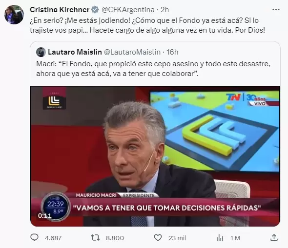 Tuit de CFK contra Macri