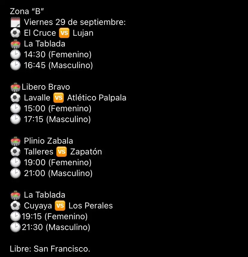 Días, escenarios y horarios de los partidos de la Zona B.