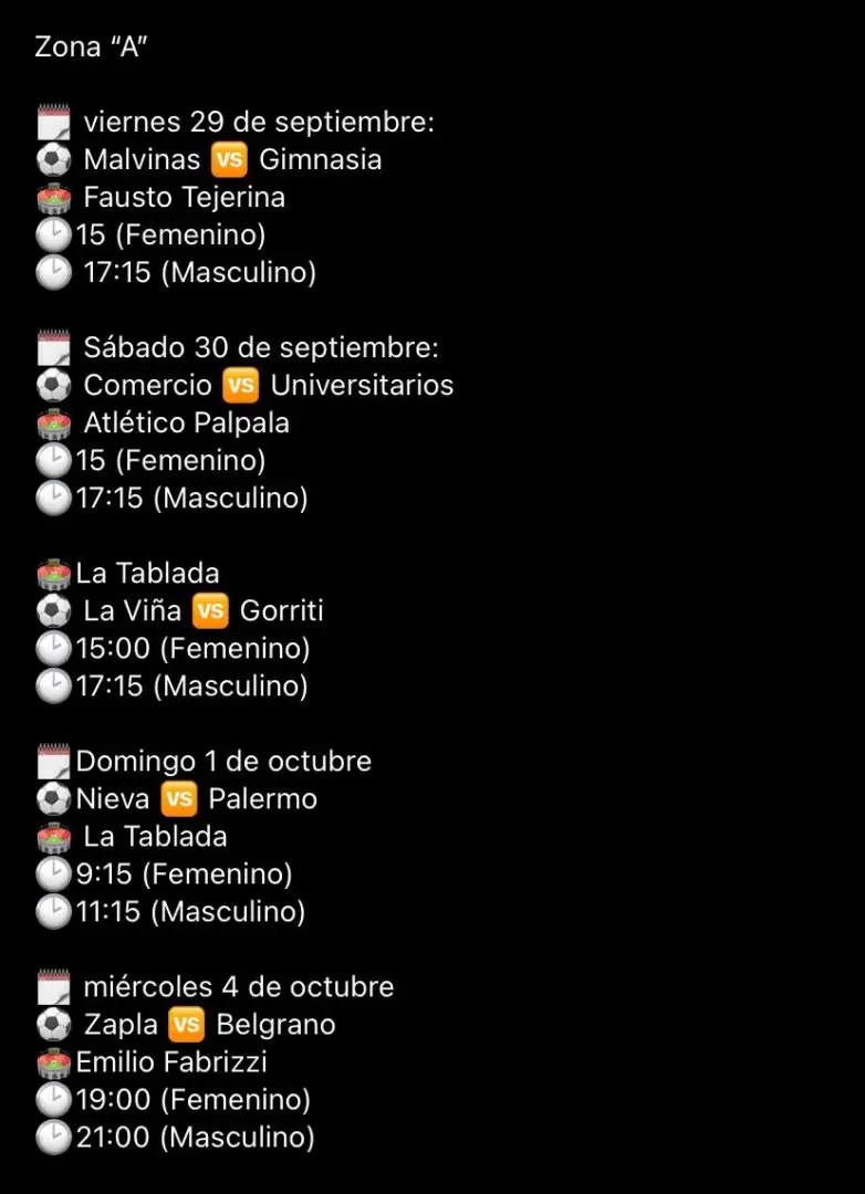 Días, escenarios y horarios de los partidos de la Zona A.