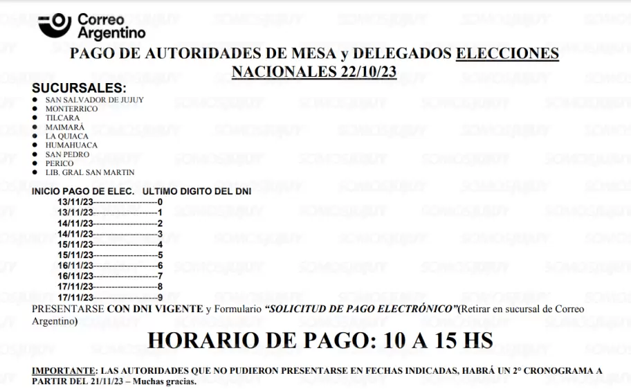 cronograma de pagos autoridades elecciones generales