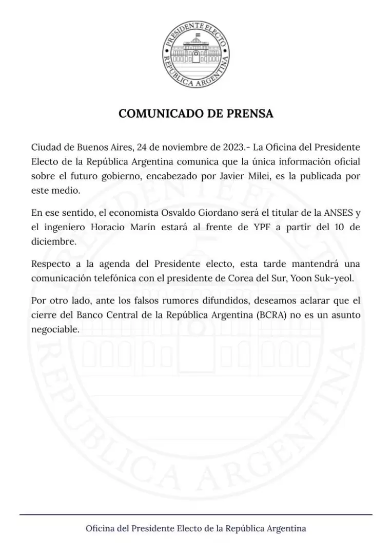comunicado de prensa del presidente Javier Milei