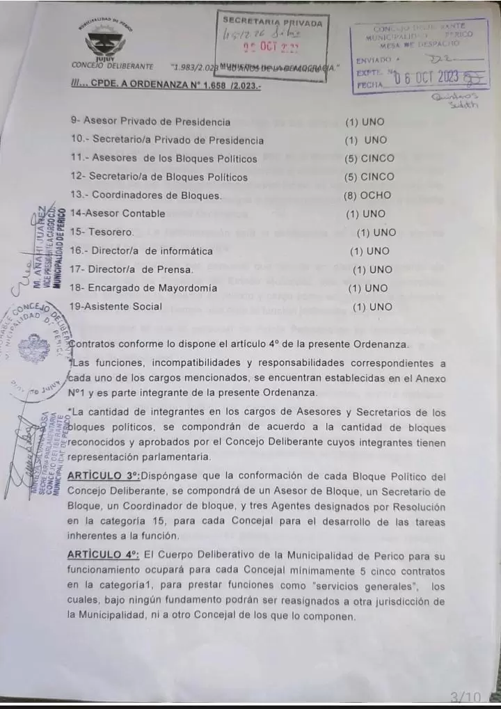 Ordenanza que aprueba el organigrama del Concejo Deliberante de Perico - Foto: Jos Luis Ramos