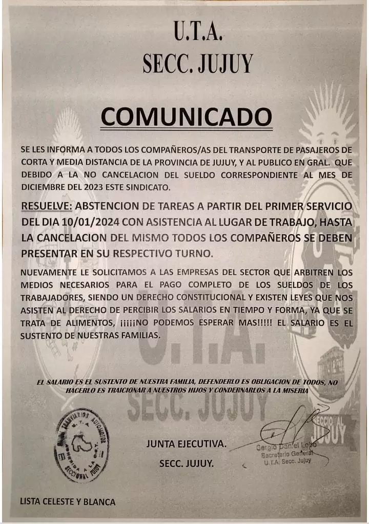 Paro de colectivos - Comunicado de la UTA Jujuy