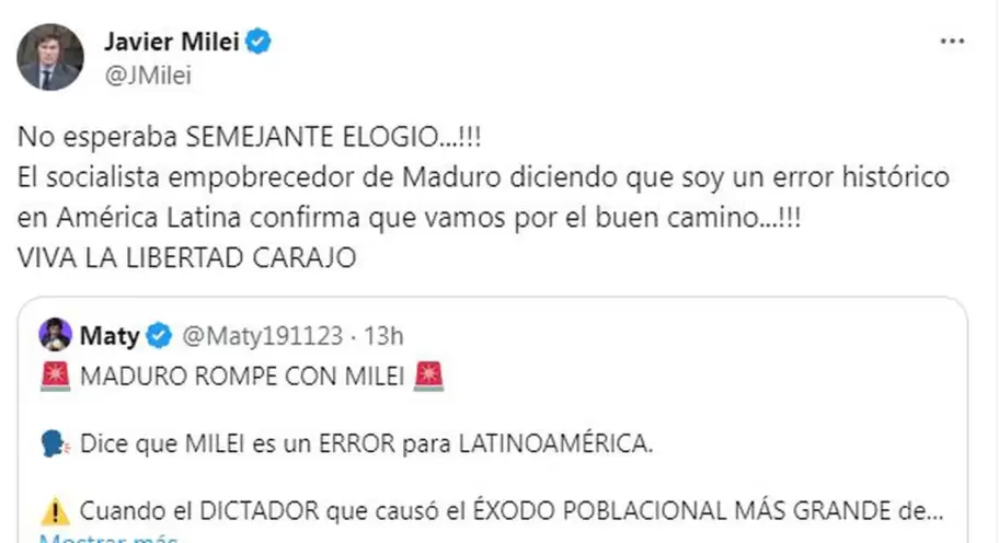 La lapidaria respuesta de Javier Milei a Nicols Maduro por haber criticado su plan econmico