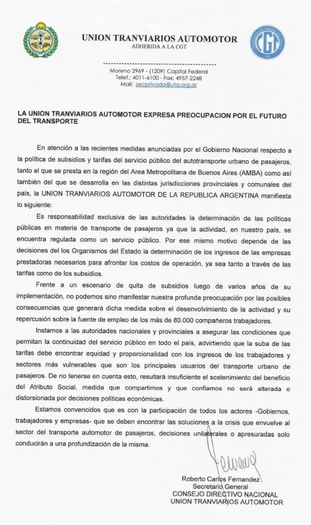 comunicado UTA