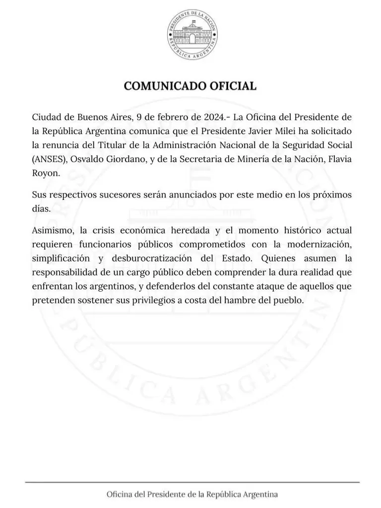 El comunicado gubernamental en el que solicitaron la renuncia de Giordano (X: @OPRArgentina)