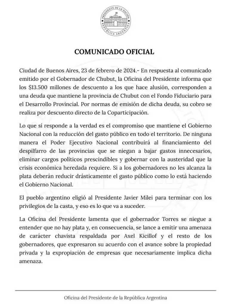 comunicado oficial casa de gobierno