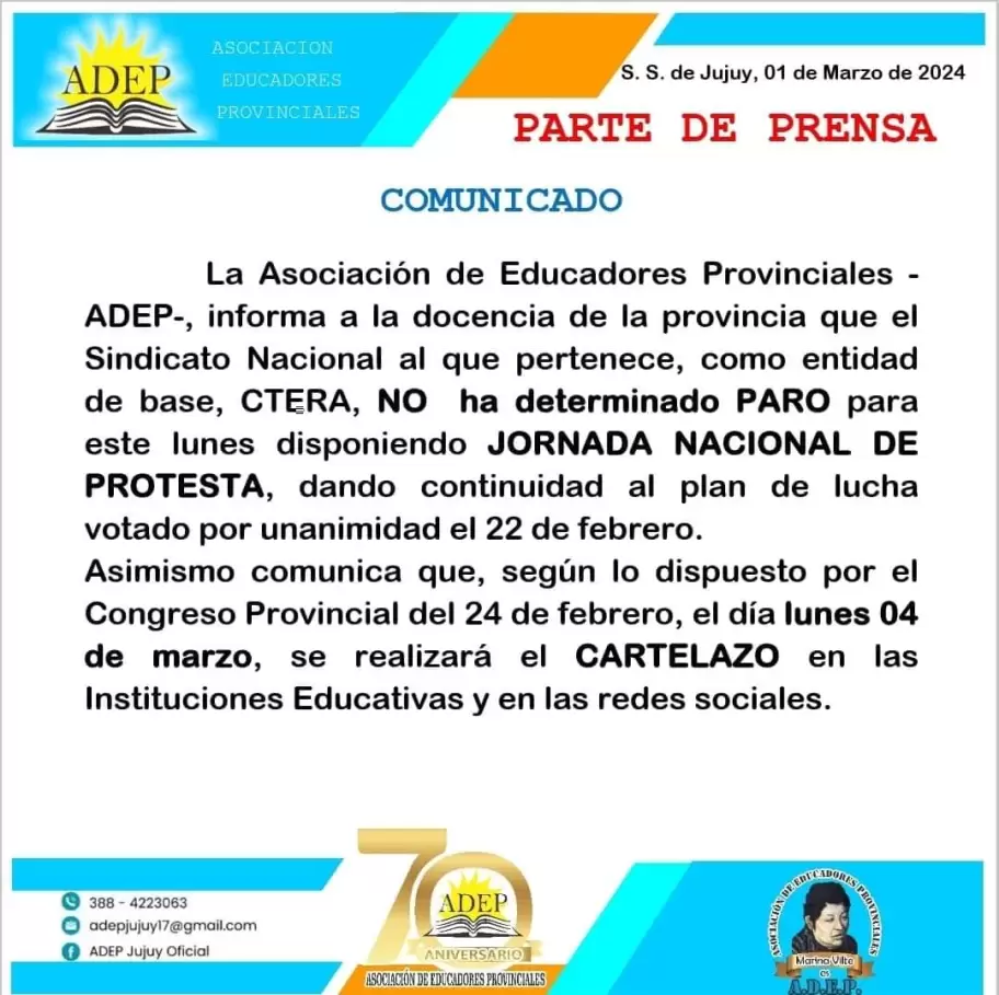 Adep no participa del paro del lunes 4 de marzo en Jujuy