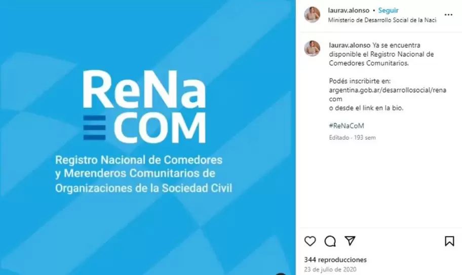 En sus redes sociales, Laura V. Alonso present� en Renacom en 2020.