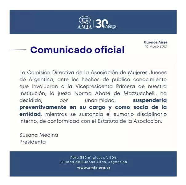 El comunicado de la Asociación de Mujeres Jueces de la Argentina informando la suspensión preventiva de la magistrada