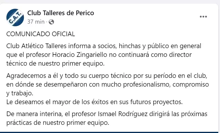 comunicado del club talleres de perico