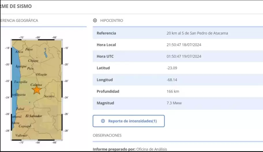 El Centro Sismolgico Nacional (SCN) inform que el movimiento telrico tuvo una magnitud de 7.3. (Captura de pantalla)