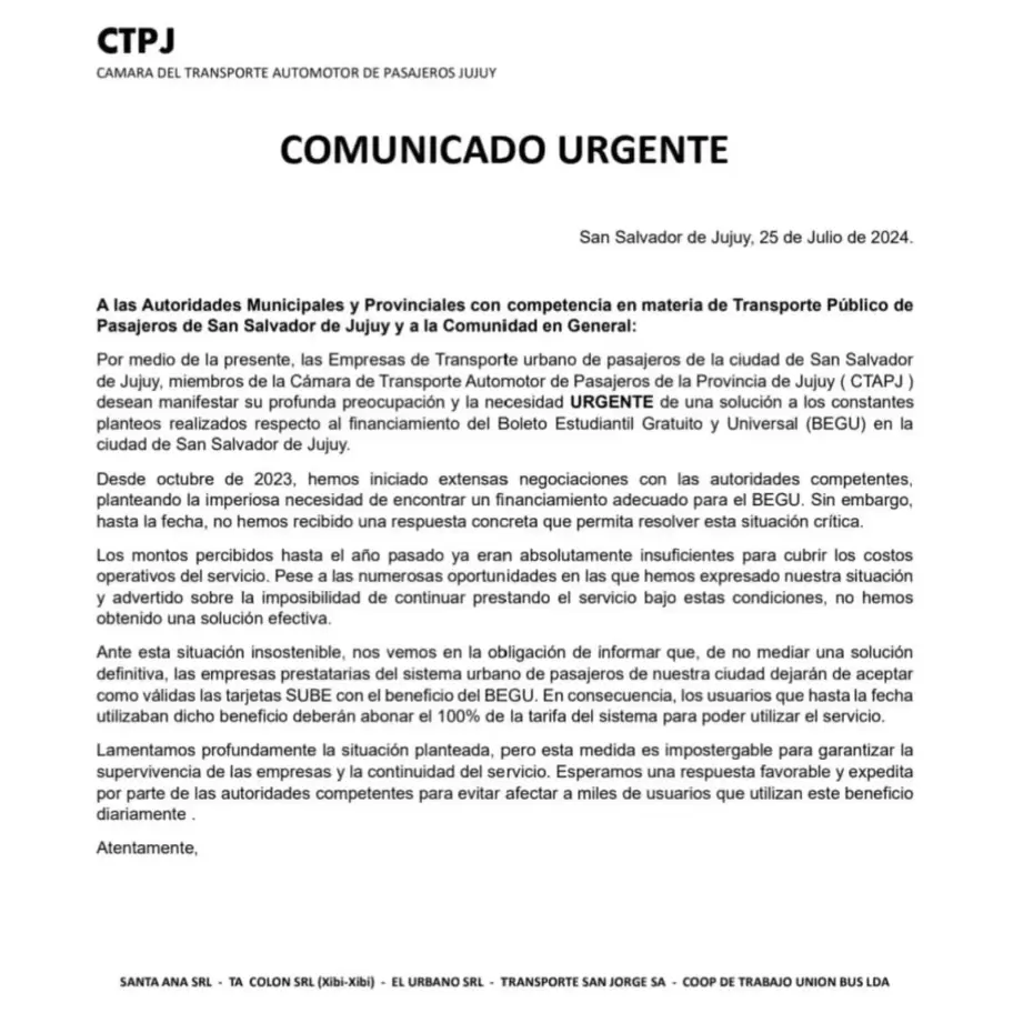 Comunicado de la Cmara de Transporte