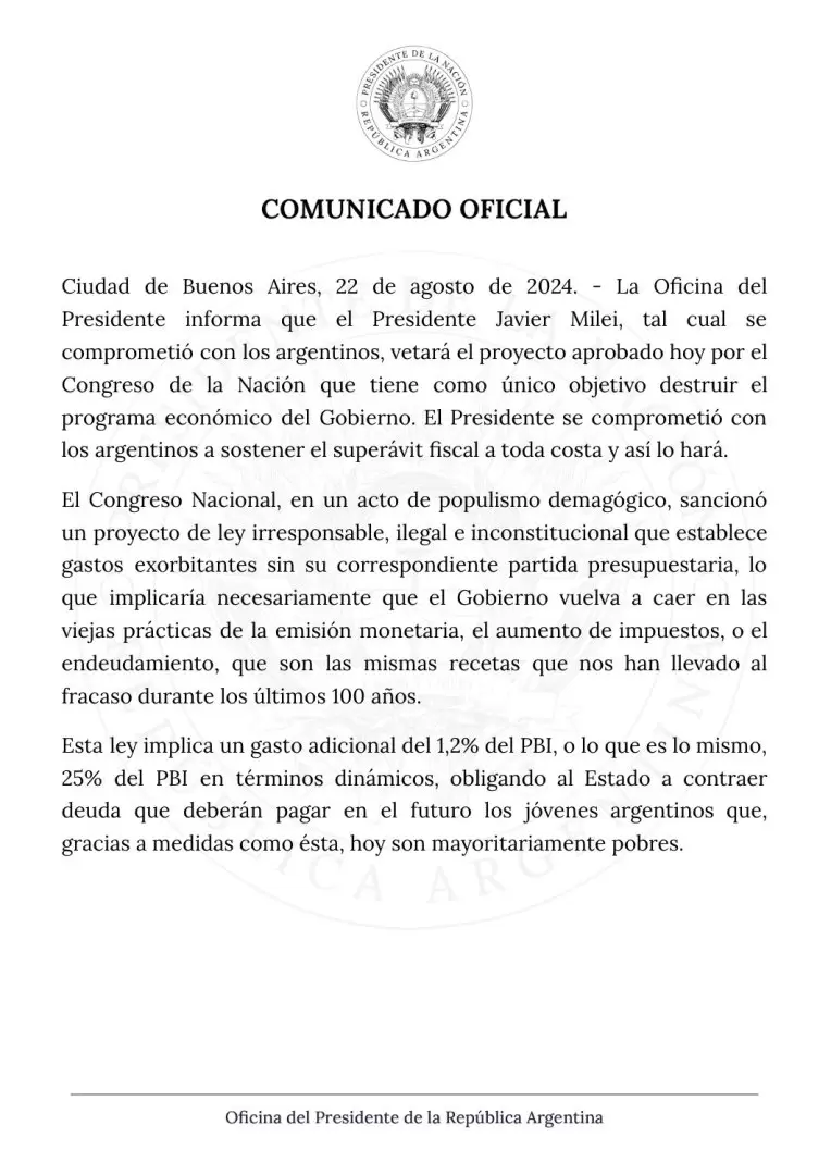 Comunicado de la oficina del Presidente