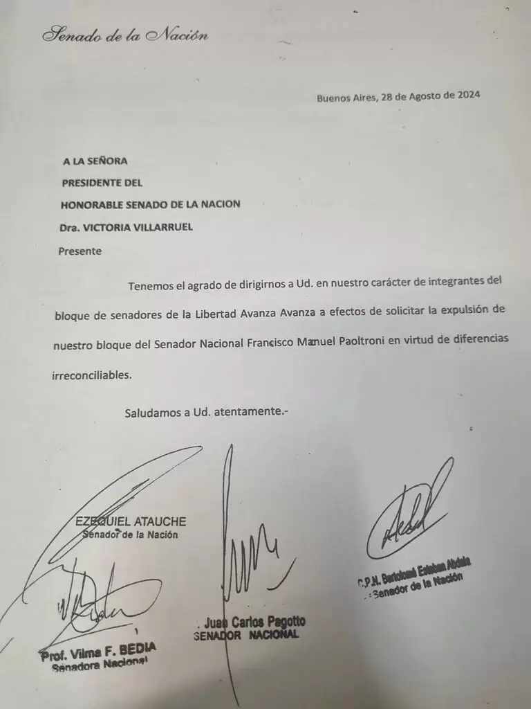 Nota de los senadores de La Libertad Avanza