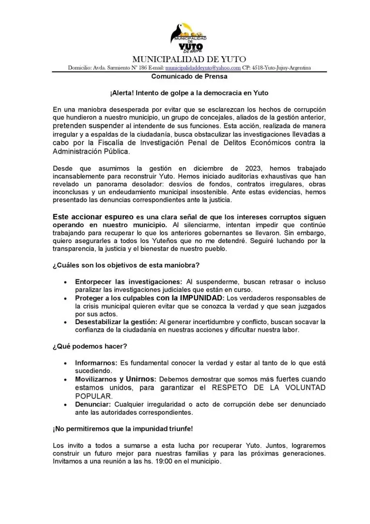 Comunicado de la Municipalidad de Yuto