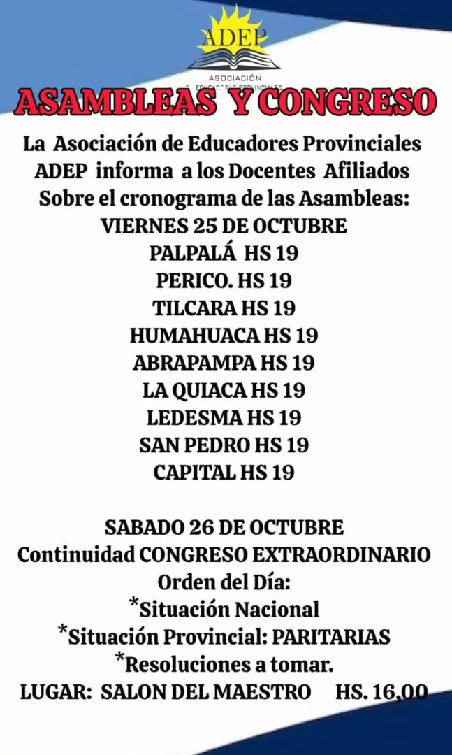 Cronograma de asambleas y congreso extraordinario de Adep