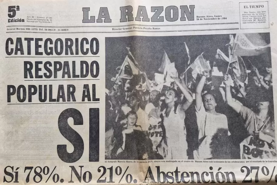 En noviembre de 1984 hubo una consulta popular para conocer qu� pensaba el pueblo argentino del acuerdo con Chile. El "Si" gan� en forma abrumadora