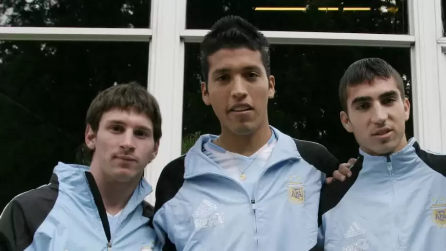 Messi junto a Ezequiel Garay y Pablo Vitti, en el Sub 20
