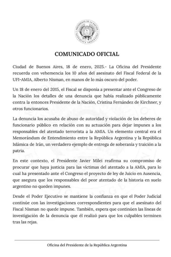 El comunicado del Gobierno a 10 años de la muerte de Nisman