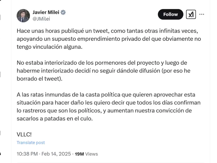 tweet milei criptomonedas