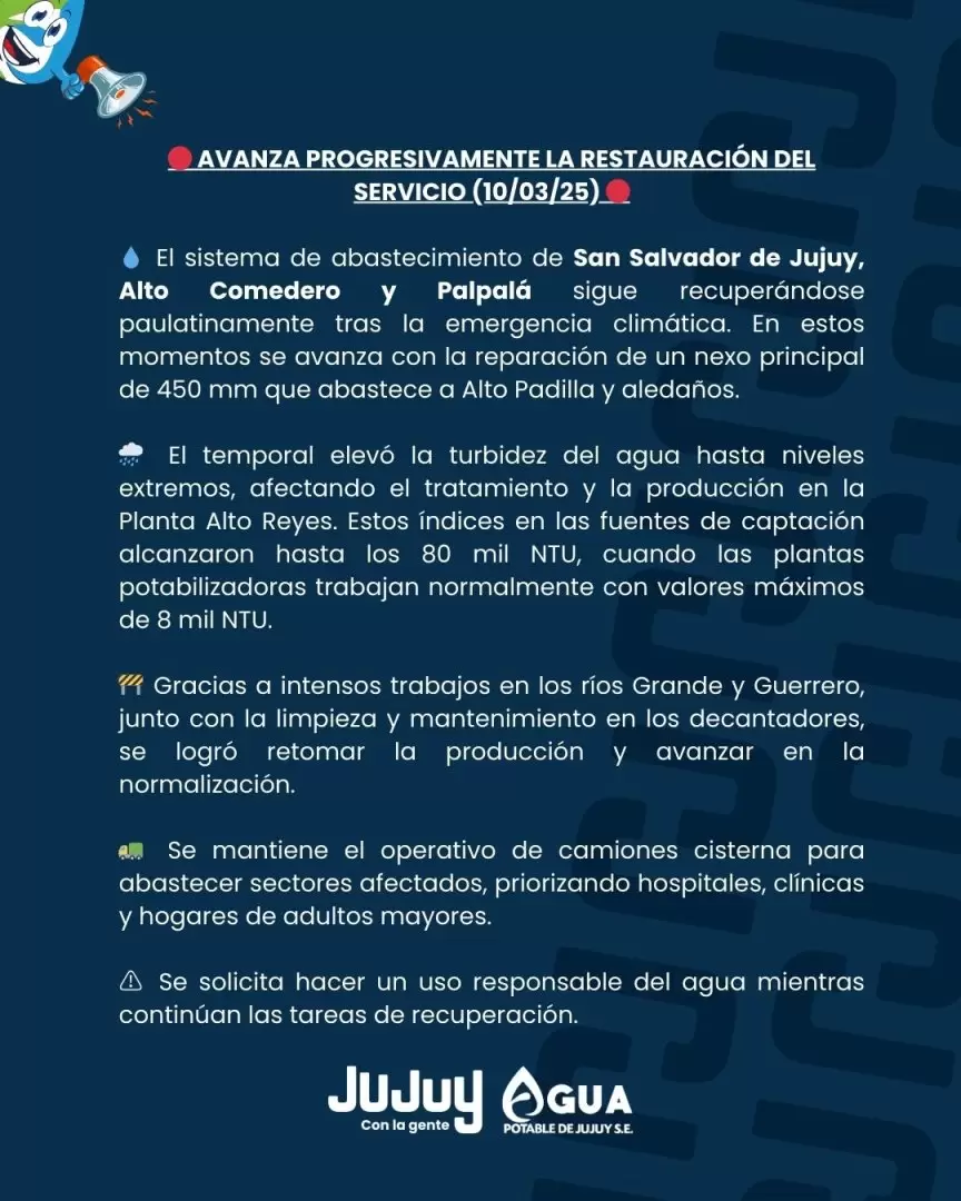 comunicado de Agua Potable - Lunes 10 de marzo de 2025