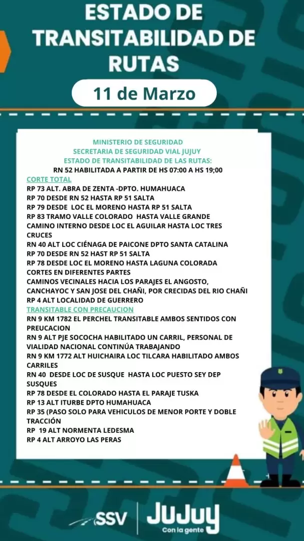 estado de rutas martes 11 de marzo