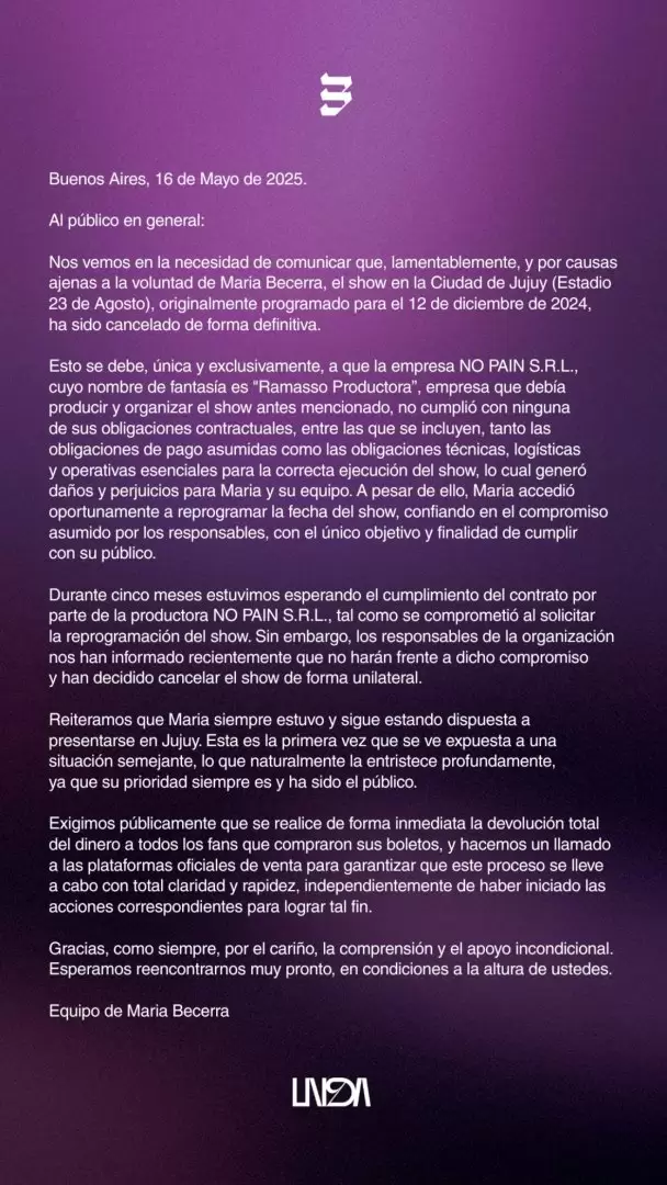 comunicado María Becerra