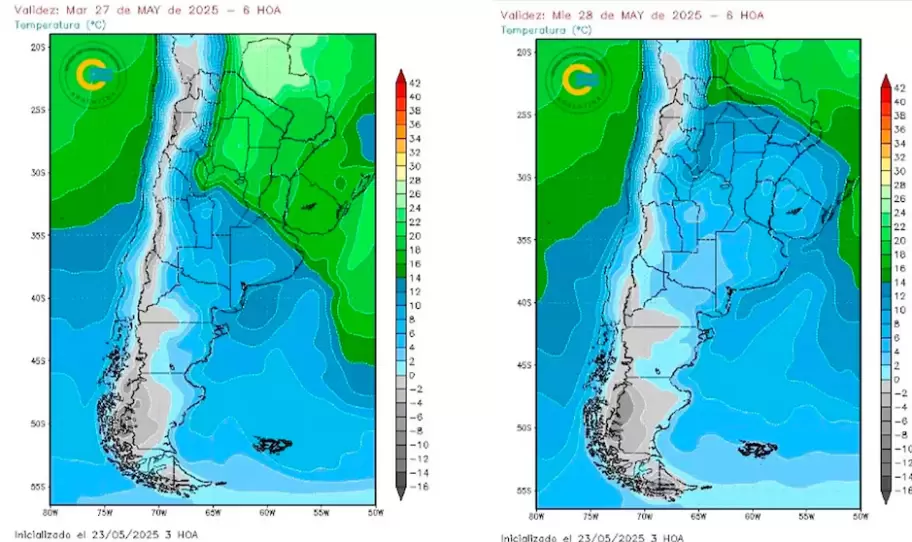 Estos mapas muestran el pronóstico de las temperaturas para mañana martes y el miércoles en todo el territorio de la Argentina según el SMN