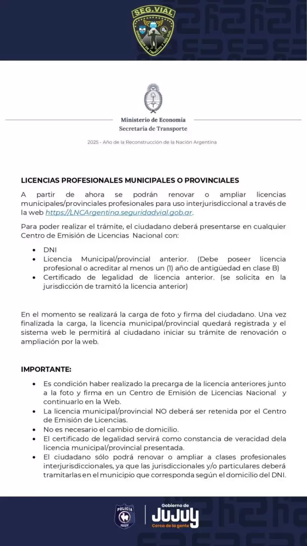 comunicado sobre licencia de conducir digital en jujuy
