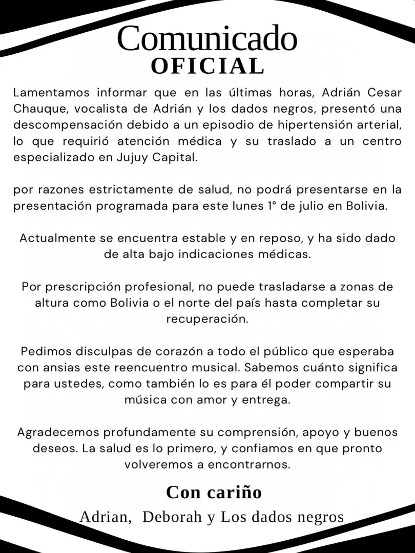 Comunicado Adrián y Los Dados Negros