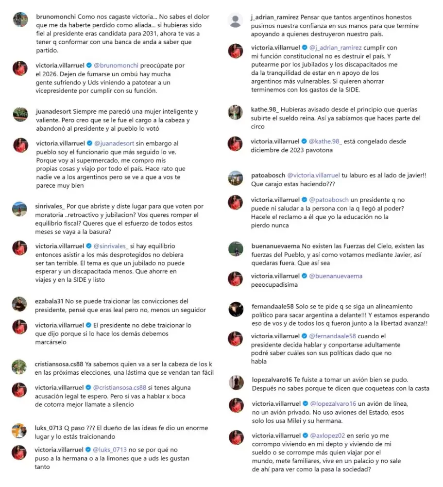 Las respuestas de Villarruel en Instagram