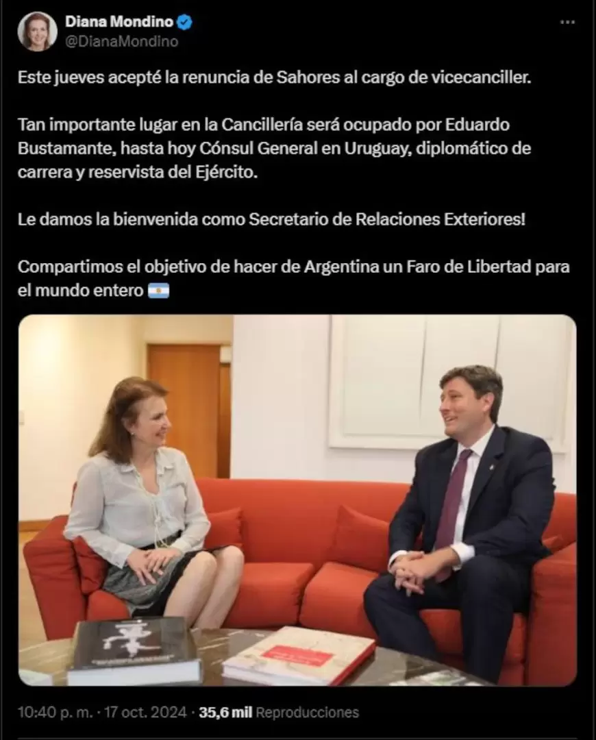Posteo de Diana Mondino confirmando la renuncia de Sahores y la incorporación de Eduardo Bustamante (Captura de X)