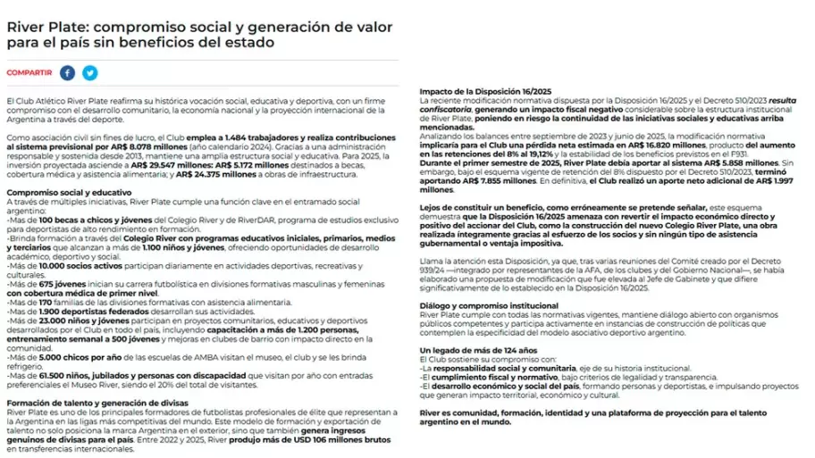 El comunicado publicado por River