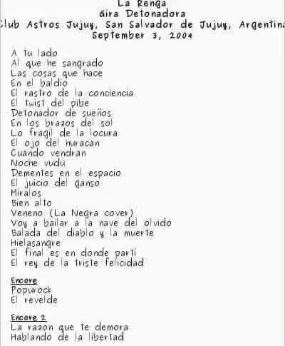 La lista de temas que tocó La Renga en 2004 en Jujuy