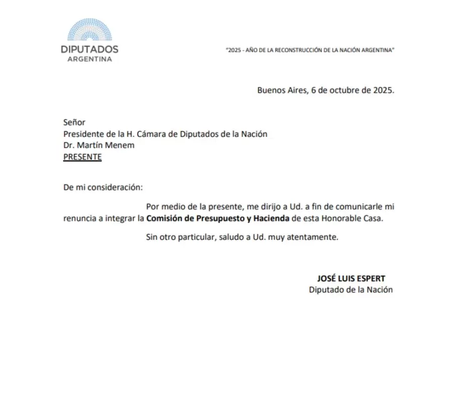 La nota de renuncia de José Luis Espert
