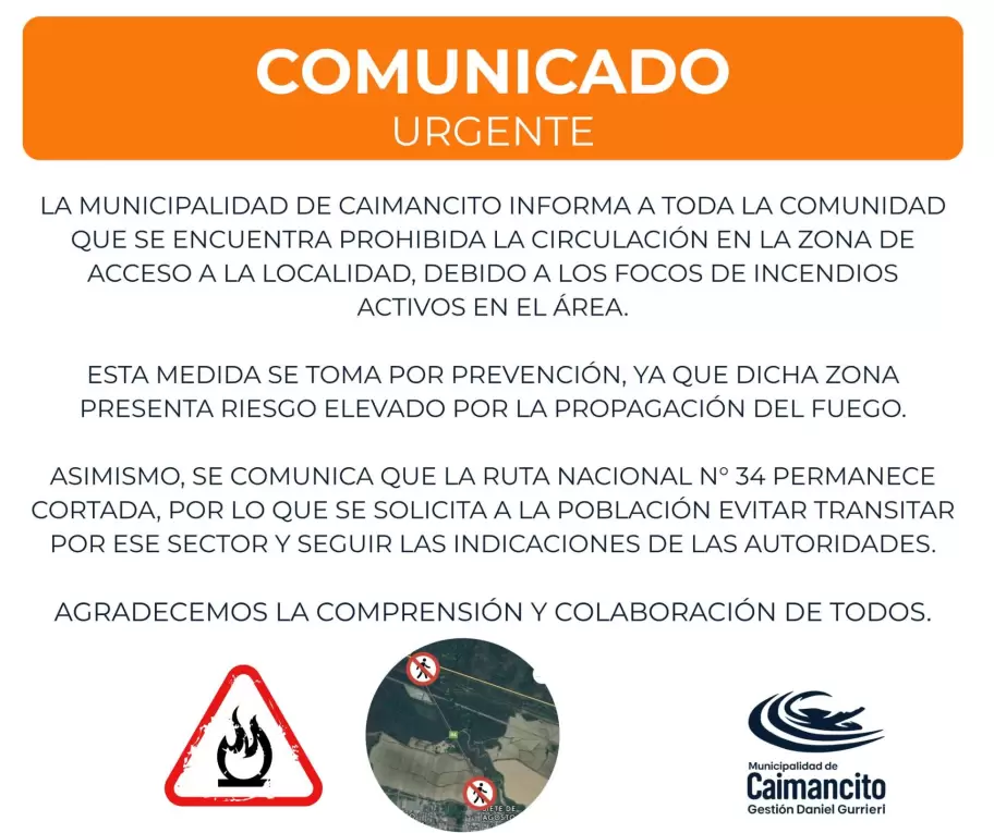 comunicado de la municipalidad de caimancito por incendios forestales