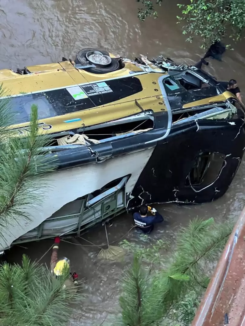 El micro terminó en el arroyo tras el violento impacto. (Foto: X @LuisSpasiuk)