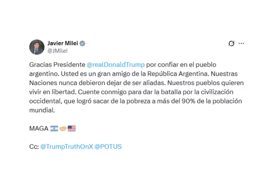 La respuesta de Javier Milei a la felicitación por parte de Donald Trump