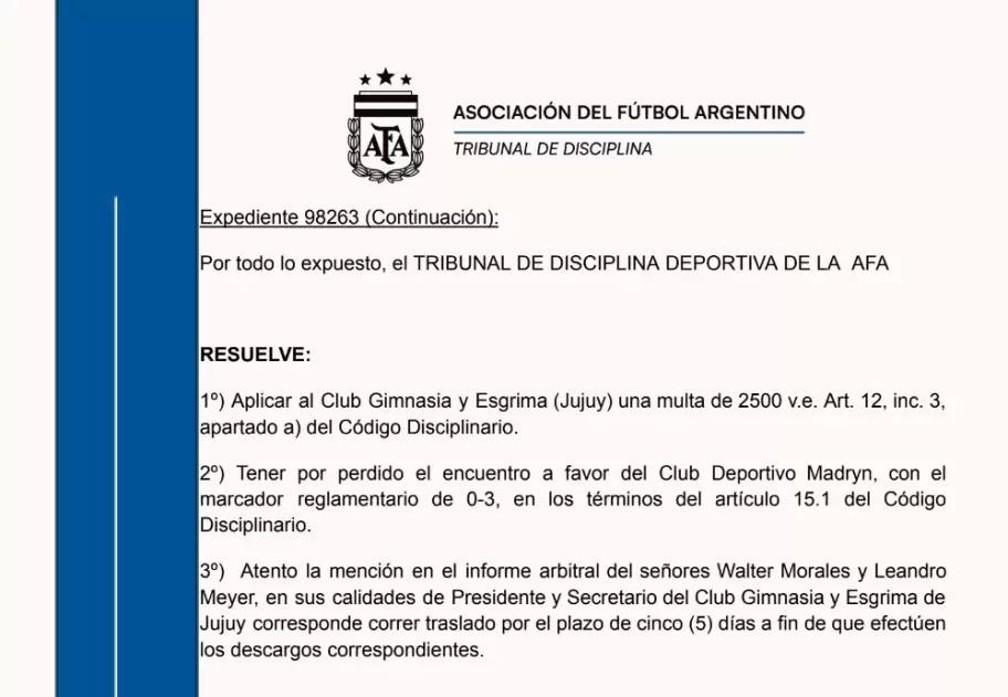 FALLO DEL TRIBUNAL DE DISCIPLINA DE LA AFA